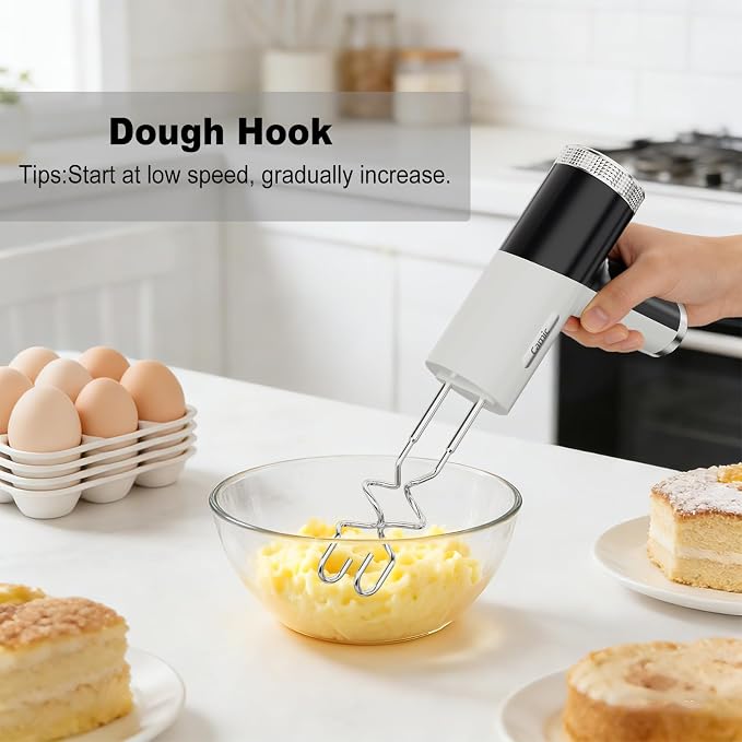 Camic Electric Hand Mixer with 9 Speeds, Powerful Motor, Cordless Hand Mixer with Whisk, Dough Hook and Mixing Rod for Whipping Eggs, Cream, Butter, Jam, Kneading Dough and Blending (White+Black)