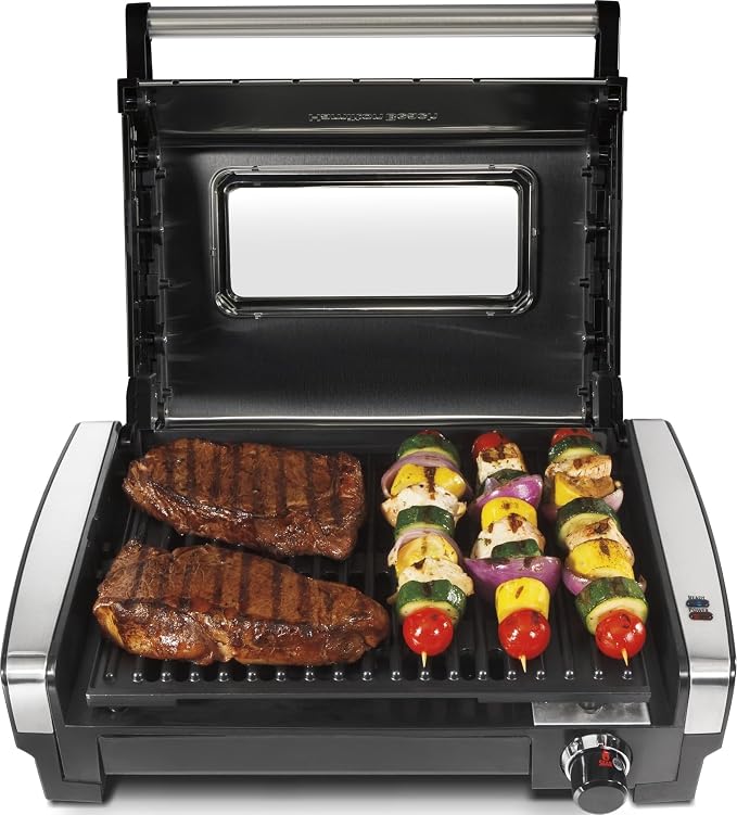 Hamilton Beach Electric Indoor Searing Grill With Lid & Viewing Window | Adjustable Temperature Control To 450°F | 118 sq. in. PFAS-Free Removable Non-Stick Cooking Surface | Stainless Steel