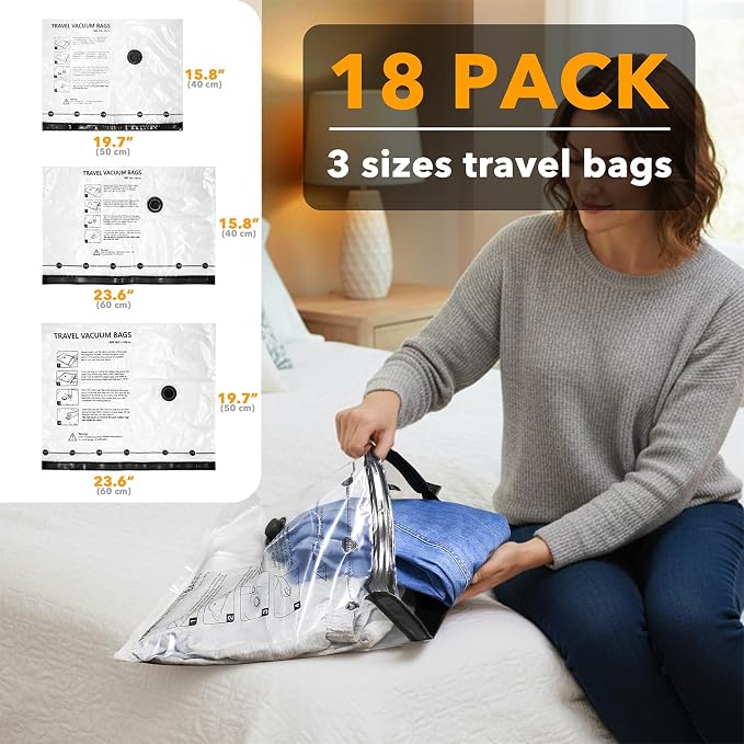 SpaceAid Travel Vacuum Bags for Luggage with Electric Pump, 18 Pack Vacuum Seal Bags for Clothing Travel, Space Saver Compression Bag for Backpack and Suitcase