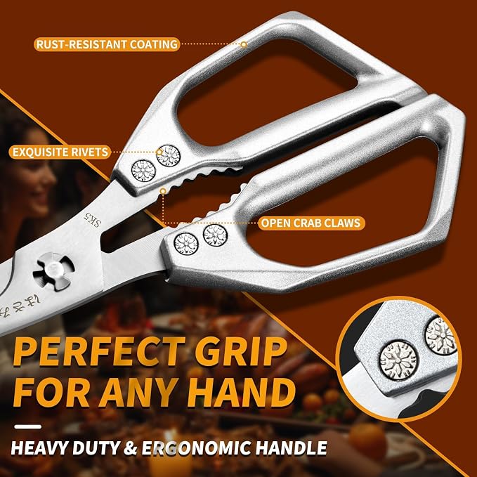 Huusk Kitchen Scissors for Food - Multifunction Kitchen Shears All Purpose | Stainless Steel Seafood Scissors for Meat, Fish, Chicken, Turkey, Ergonomic Non-Slip Silver Handle, Gifts for Women