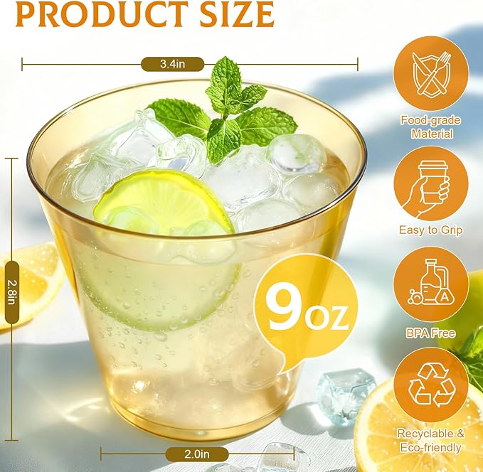 Glowserve 9 OZ Gold Disposable Plastic Cups Cocktail Cup 50 Pack | Fancy Cocktail Cup,Stemless Wine Glass,Wedding Wine Glasses,Graduation Birthday,World Cup,Party Essentials