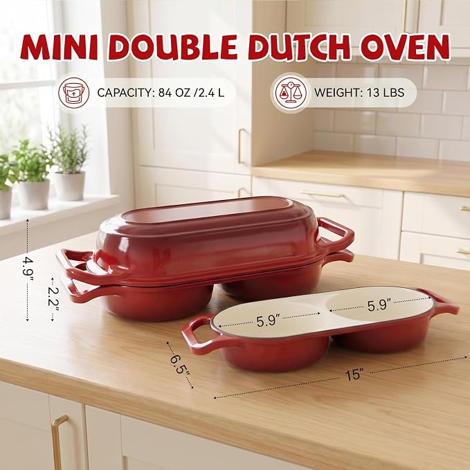 Double Dutch Oven Pot with Lid, 2.2QT Enameled Cast Iron Bread Loaf Pan, Mini Dutch Oven For Sourdough Bread Baking, 500°F Oven Safe Non Stick Dual Round Bread Pan, Bread Oven, 16.5cm Diameter, Red