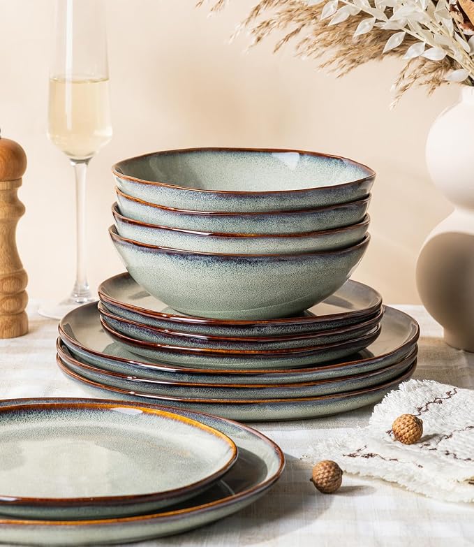 GBHOME Stoneware Dinnerware Sets for 8,24 Piece Rustic Plates and Bowls Set | Earthenware Handmade Reactive Glaze Plate Sets, Chip Resistant Ceramic Dishes, Microwave & Dishwasher Safe, Earthy Sage