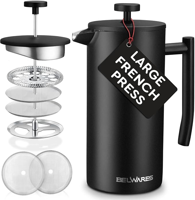 French Press Coffee Maker - 50oz Stainless Steel, Insulated Coffee Press | Large 6 Cup 50oz Capacity, Double Wall Keeps Coffee Hot, 4 Level Filter for Ground Free Coffee, 2 Extra Filters, Matte Black