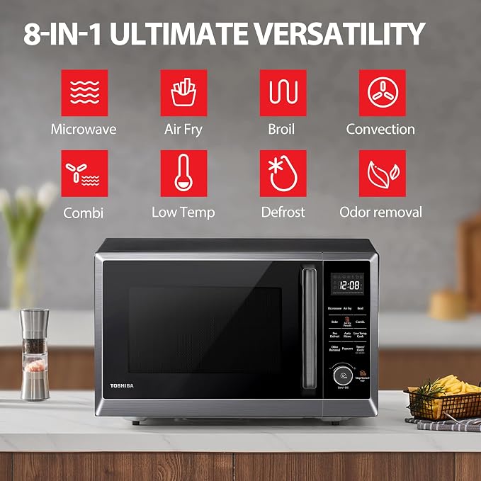 TOSHIBA Air Fryer Combo Microwave, 1.0 Cu.Ft, Black Stainless Steel | 8 in 1 with Convection & Broil, Pro Defrost, 12.4" Turntable