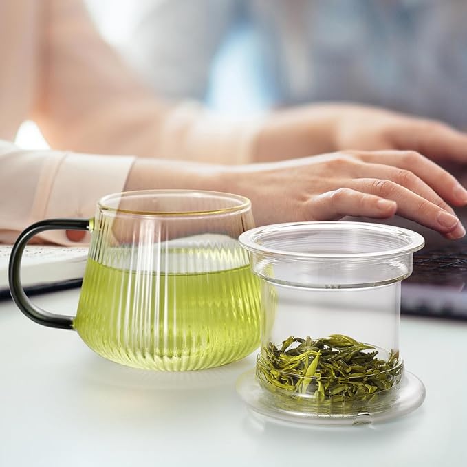 Glass Tea Infuser Cup with Lids and Handle for Blooming & Loose Leaf, 14oz | Borosilicate, Heat Resistance, Lead-free, Microwave & Dishwasher Safe