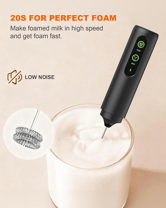 2-Speed Rechargeable Milk Frother Handheld, Black | Dual Coil Whisk, with Cover - Portable Frother for Coffee, Matcha, Cappuccino, Hot Chocolate & Protein Shakes