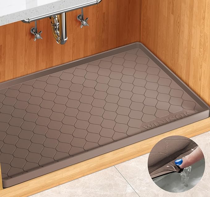 Winisok Waterproof Under Sink Mat 34" x 22", Silicone Mat, Brown | Raised Edge Traps Spills & Leaks, Shelf Liner, Cabinet Protector, for Kitchen, Bathroom, Boots, Pets, Home Essentials