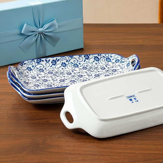 Serving Tray with Handles - 12 Inch Large Ceramic Rectangle Turkey Serving Platter for Food Meat - Porcelain Serving Dish for Entertaining Thanksgiving - Oven Safe - Set of 4 - Vintage Blue