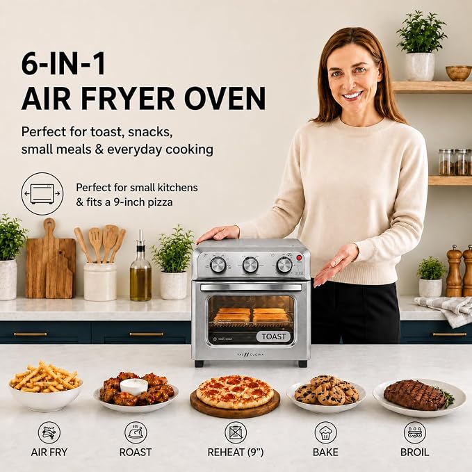 VAL CUCINA 6-in-1 Air Fryer Toaster Oven Combo, Compact 12.7 QT Small Countertop Convection Oven, Fits 9" Pizza & 4 Toast, Hexagon Hybrid Heating, Enamel Baking Pan Included, Stainless Steel Finish