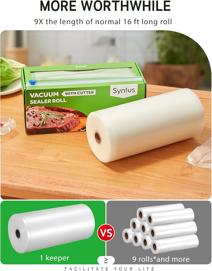 Syntus 8" x 150' Vacuum Sealer Bags Rolls Keeper with Cutter Dispenser | BPA Free, Commercial Grade, Heavy-Duty, Microwave Sous Vide Cooking, Meal Prep, Custom Length, Precise Cuts, for Food Storage