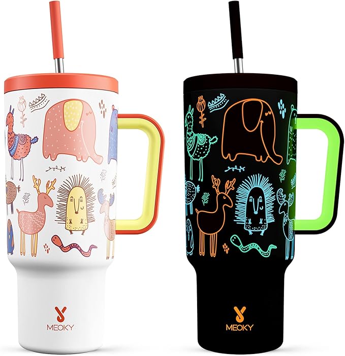 Meoky Glow in the Dark Tumbler: 40 oz Tumbler with Handle and Straw- Stainless Steel Insulated Tumbler for Car Cup Holders - Travelers Commuters Workers (1 Pack, Zoo)