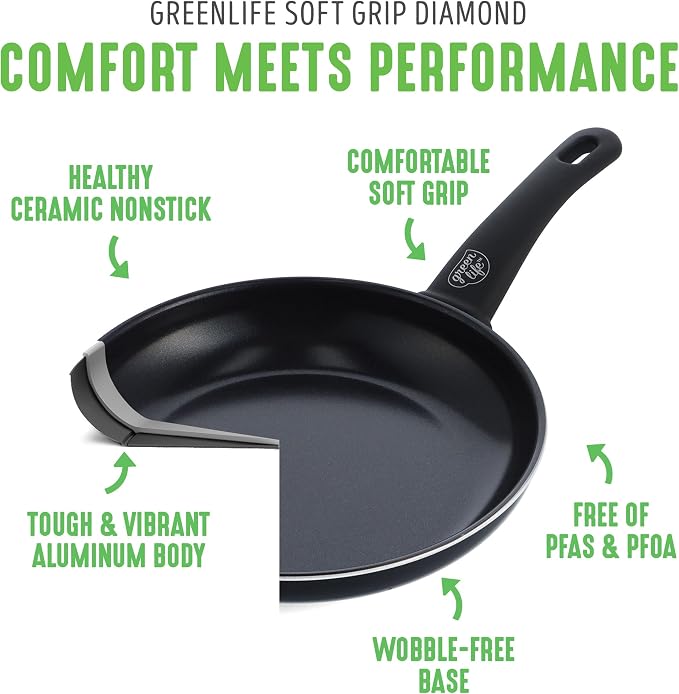 GreenLife 16 Piece Ceramic Nonstick Pots & Pans Cookware Set, Black | PFAS-Free Nonstick Coating, Stockpot, Frying Pans, Saucepans, Sauté Pan, Stay-Cool Handles, Dishwasher & Oven Safe up to 350F