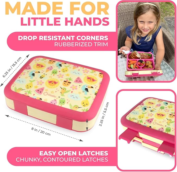 kinsho Bento Lunch Box for Kids Toddlers Girls, 4 Portion Sections Secure Lid, Microwave Safe BPA Free Removable Tray, Pre-School Kid Daycare Lunches Snack Container Ages 3 to 5, Cute Summer