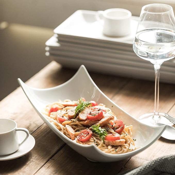 Gomakren 12 Inch White Porcelain Serving Platter Dishes Set of 3 Deep Bowl | Large capacity, heat resistant, curved anti-spill rims, stackable storage, for turkey salad Thanksgiving party entertaining