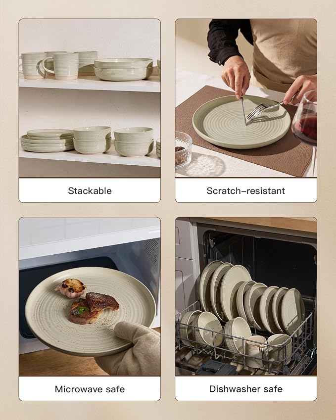 Stoneware Dinnerware Set for 6, White Honey Plates & Bowls | 18-Piece Ceramic Speckled Spiral Dishes, Chip & Scratch Resistant, Microwave & Dishwasher Safe, Everyday Use, Farmhouse Style