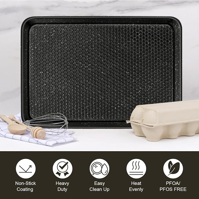 Wildone Baking Sheet Pan Set of 2, Honeycomb Embossed Nonstick Cookie Sheet | Thicker Carbon Steel Jelly Roll Pan Oven Tray 15x10 Inch, Heavy Duty & Easy Clean, Black