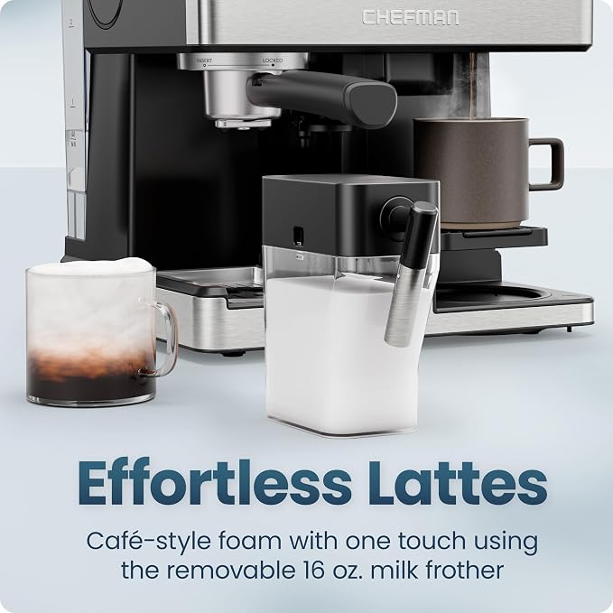 Chefman Coffee Maker Espresso Machine Combo, 8-in-1 Coffee Station with Automatic Milk Frother for Lattes, Cappuccinos, Macchiatos, 20-Bar Pump, 12-Cup Carafe & 3L Water Tank - Black