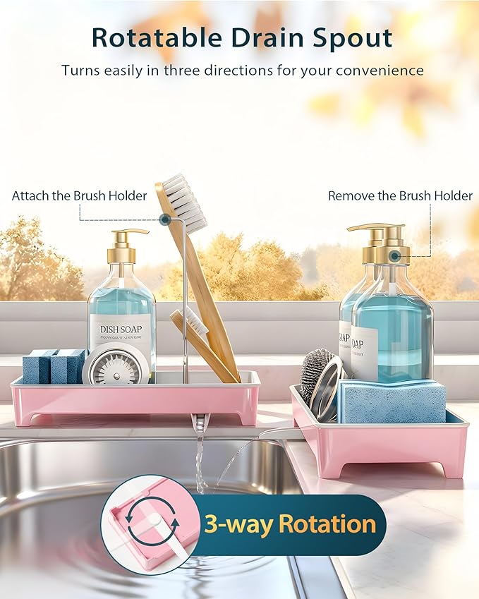 Minimalist Sink Caddy, Rustproof Sponge Holder for Kitchen Sink Pink | Large Rustproof countertop organizer with 304 stainless steel brush holder, raised ridges and silicone drain tube