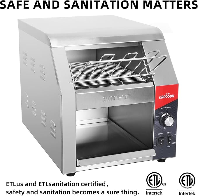CROSSON ETL Listed Conveyor Toaster 450PCS/Hour 10" Wideness With 3" Opening Heavy Duty Commercial Toaster for Cafes,Buffets, Restaurants and Coffee shops-120V,1800W