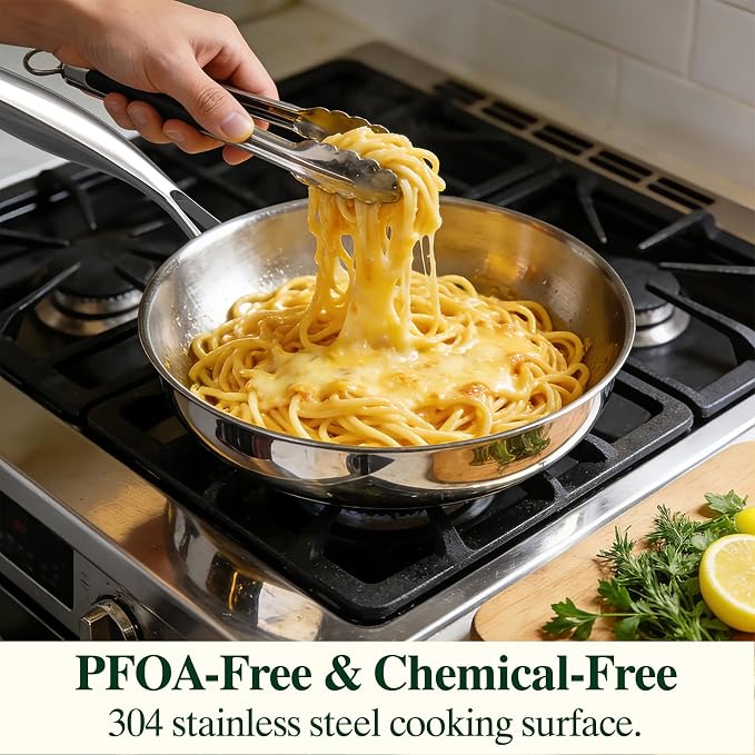 Umite Chef 5 Ply Stainless Steel Frying Pan 8 inch, Non Toxic Professional Stainless Steel Skillets, Dishwasher and Oven-Safe Chef Pan, PFOA&PTFE Free Cookware, Fast & Even Heat, Stay-Cool Handle