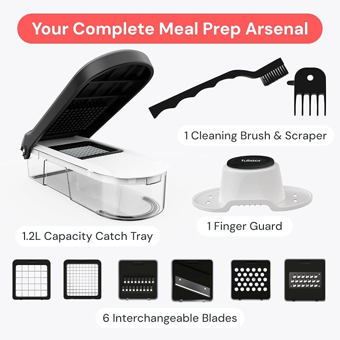 Fullstar Pro Core Vegetable Chopper & Mandoline Slicer, Meal Prep Essential | 6 in 1 Veggie Slicer, Onion & Fruit Slicer with Julienne, Grater & Dicer Stainless Steel Blades + Container (White)