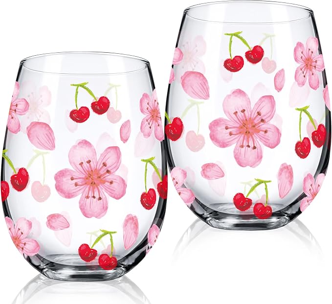 Sliner 2 Pack 17oz Cherry Blossom Stemless Wine Glasses Cherry and Flower Drinking Glasses Floral Tumbler Cups for Women Wedding Birthday Gift Parties Supplies
