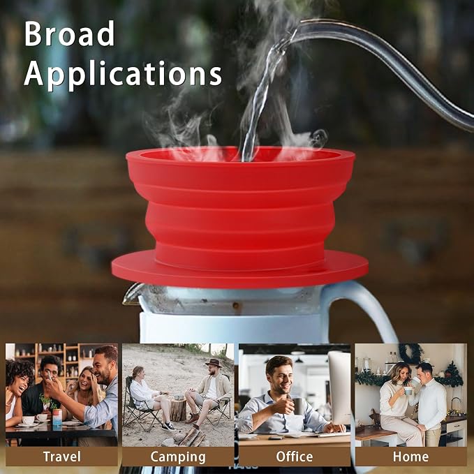 Paperless Collapsible Pour over Coffee Filter - Small Camping Coffee Maker with Reusable Metal Coffee Filter - Single Serve Travel Coffee Dripper, 300ml Capacity (Red)