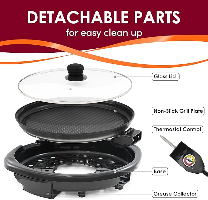 Elite Gourmet EMG-980BX Indoor Electric Round Grill, Non-Stick, 14" Black | Cool-touch handles, fast heat-up, dishwasher-safe with glass lid - great for low-fat meals, easy cleanup
