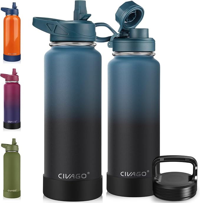 CIVAGO 40 oz Insulated Stainless Steel Water Bottle With Straw and 3 Lids | Large Metal Sports Water Jug, Leakproof Reusable Wide Mouth Thermal Flask Cup with Silicone Boot, BPA-Free, Indigo Black