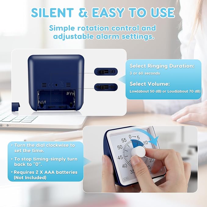 Secura Visual Timer for Kids, 60 Minute Classroom Countdown Timer for Study | Non-Ticking, Adjustable Alarm Volume/Duration, Low Power Reminder, Time Management Tool for ADHD (Navy Blue & Navy Blue)