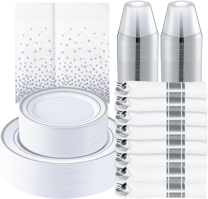352 Piece Silver Plastic Dinnerware Set for 50 Guests | Includes: 50 Dinner Plates 50 Dessert Plates, 50 Pre Rolled Napkins with Silverware, 50 Cups, 2 Tablecloth