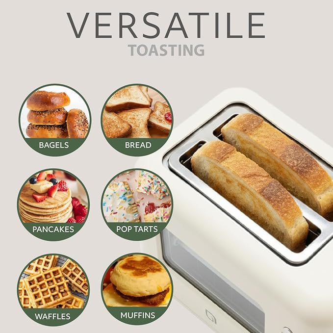 WILLOW Eco Series 2 Slice Toaster with Clear-View Window, 6 Shade Settings, 900W Retro Toaster with Extra Wide Slots, Bagel, Cancel, & Defrost Buttons, Toasters 2 Slice w Crumb Tray for Easy Cleanups