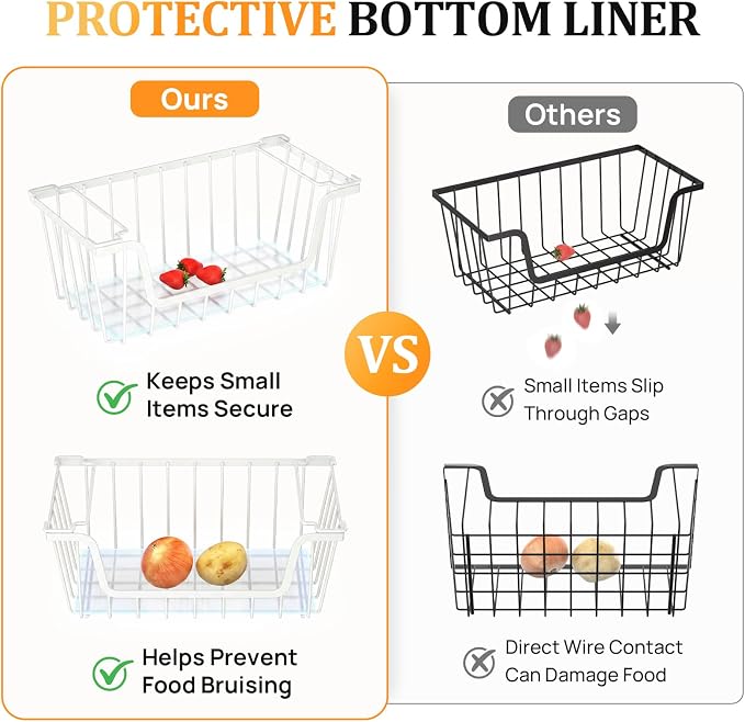 SUNALLY Stackable Storage Bins 4 Pcs Wire Baskets Freezer Organizer, White | Pantry Organizers Storage, Vegetable Fruit Storage Basket for Countertop, Kitchen Baskets for Onion Potato Snack Cans Storage