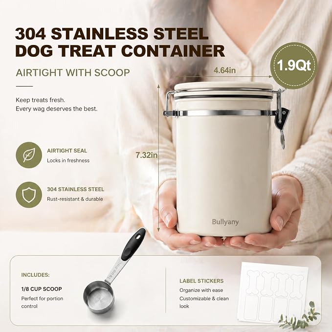 Dog Treat Container Airtight, 1.9 Qt 304 Stainless Steel Dog Treat Jar & Pet Treat Canister with Scoop, Date Dial, Locking Clamp, Silicone Seal for Dog Biscuits, Cookies, Training Snacks