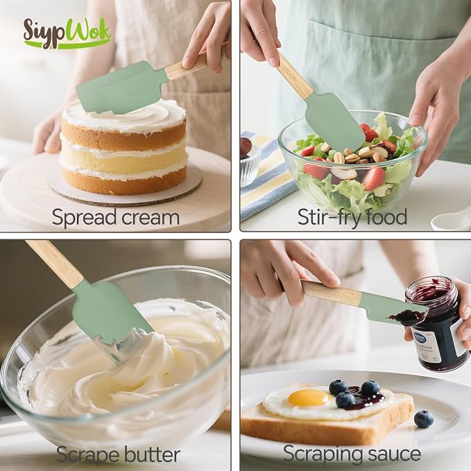 Silicone Spatula Set, Food Grade Rubber Spatula-4 Piece Nonstick Rubber Spatulas, Spoonula, Jar Scraper for Cooking, Baking, Mixing, Frosting - Heat Resistant Up to 600°F (4 Pcs Spatula Green)