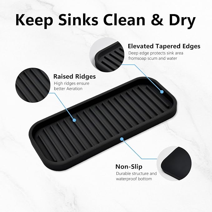 Silicone Sponge Holder for Kitchen Sink - Kitchen Soap Tray & Sponge Tray | Silicone soap dish, soap holder, dish sponge holder dish scrubber, soap dispenser tray, kitchen sink organizer, 2 pack black