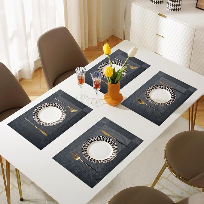 Vinyl Placemats Heat-Resistant Table Mats Washable Easy Clean Plastic Placemat for Kitchen Dining Table Set of 8 Indoor Outdoor (Solid Black)