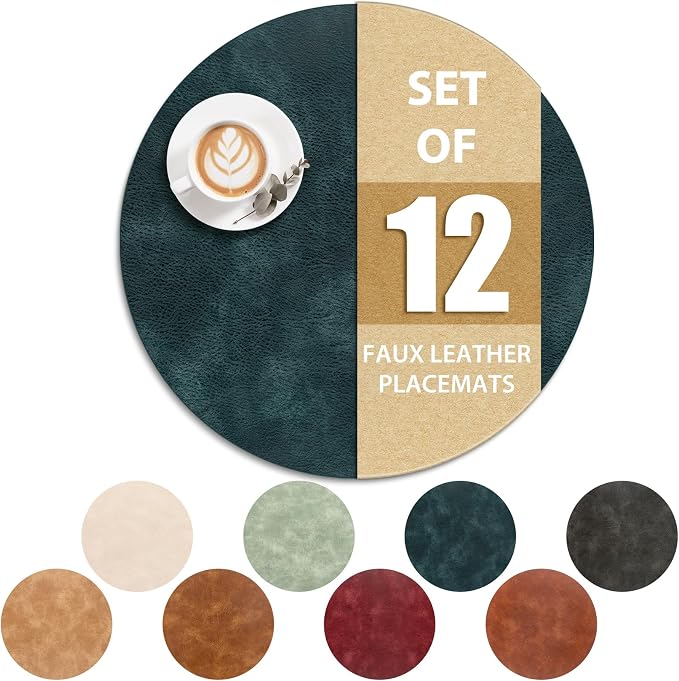 ADRIMER Placemats, Heat Resistant Round Placemats Set of 12 Washable, Waterproof Table Mats, Wipeable Faux Leather Place Mats for Kitchen, Dining Room, Dark Blue