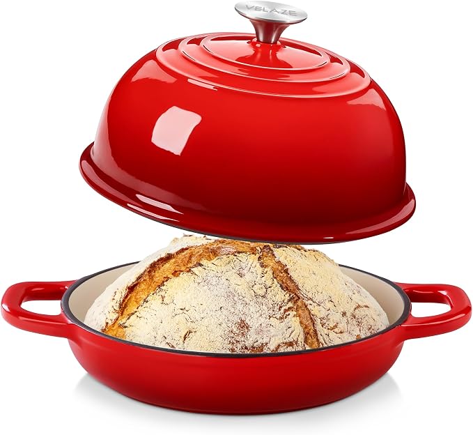 Velaze 5 QT Enameled Cast Iron Dutch Oven for Bread Baking with Dome Lid | Traps Steam for Crispy Artisan Sourdough Bread,Oven Safe,Ergonomic Handles,Gift for Bakers and Bakery Style Loaves,Red