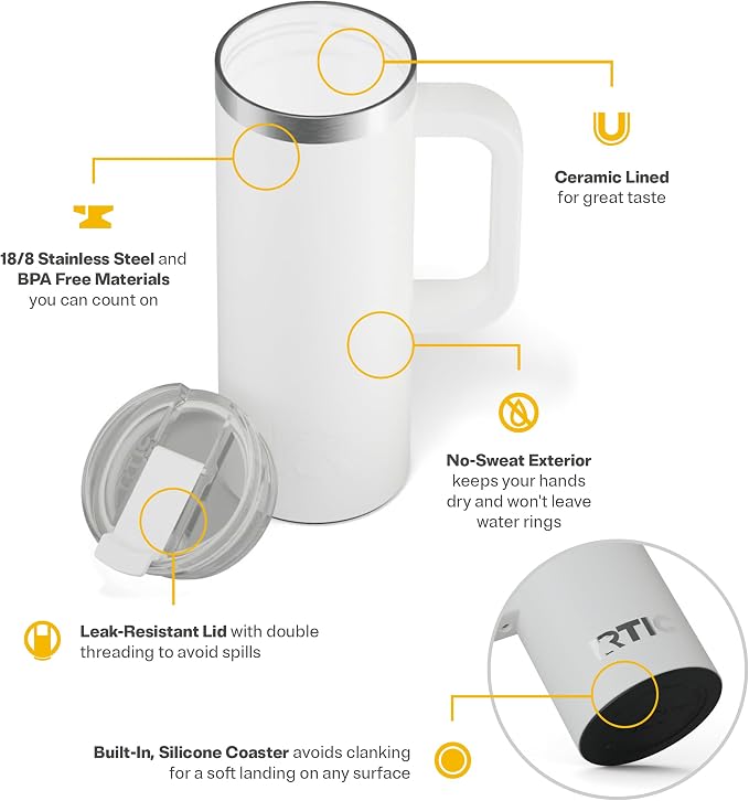 RTIC 20oz Road Trip Travel Mug with Lid and Handle, Ceramic Lined, Insulated, Stainless Steel, Metal, Double Wall Vacuum-Insulation, Portable Coffee, Tea Cup for Hot and Cold Drink, White