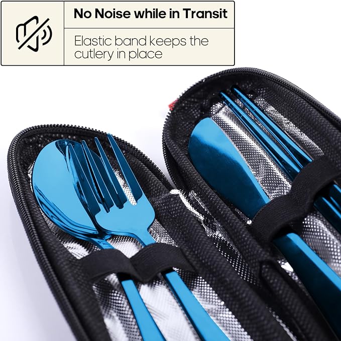 Travel Utensils with Case, Quatish Portable Silverware Set for Work, Stainless Steel Reusable Travel Cutlery, Fork and Spoon Set for Camping, Picnic, Gadgets, Lunch Box for Men, Christmas Gift, Blue