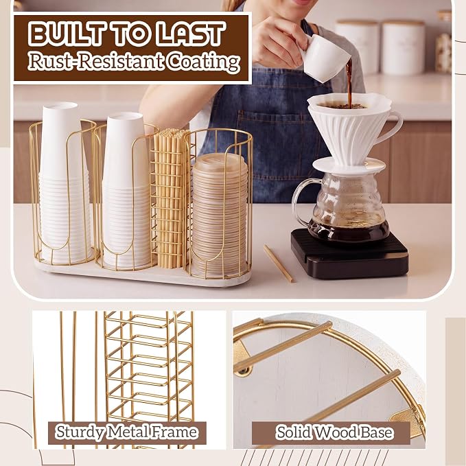 18oz Adjustable Coffee Cup Dispenser with Wooden Base, Cup and Lid Holder, Cups Holder Organizer for Coffee Pod Straw and Lid Storage(4-compartment Single,Color 4)