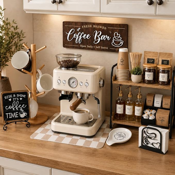 7 PCS Coffee Bar Accessories Set, Farmhouse Coffee Station Organizer Kit | Kitchen Coffee Table Decor for Countertop, Napkin Mug Holder Spoon Rest Tray Mat Sign, Kitchen Home Decor Gifts for Men Women