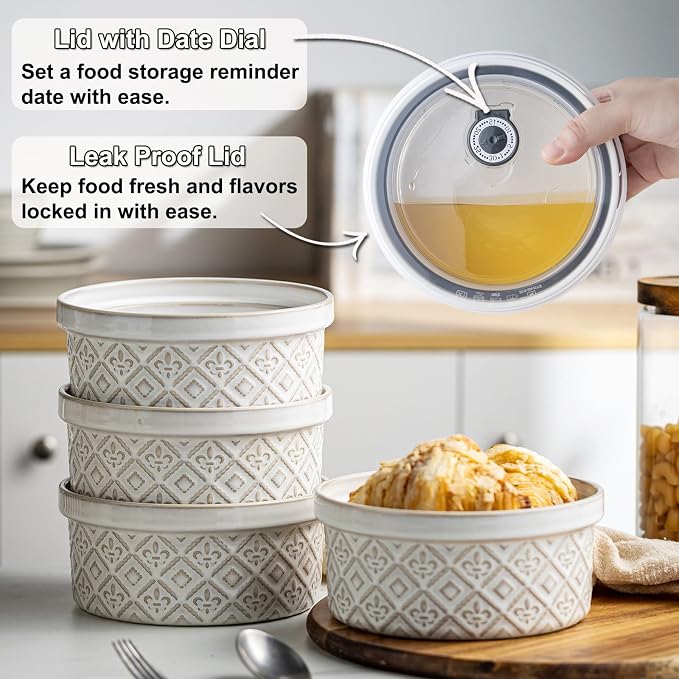 40 Oz Ramekins Ceramic Airtight Bowls Set of 4 - Large Mixing Bowls with Lids Set for Salad, Pho, Soup, Pasta, Dessert, Serving, Oatmeal, Baking Dishes, Dishwasher & Microwave Safe, Beige