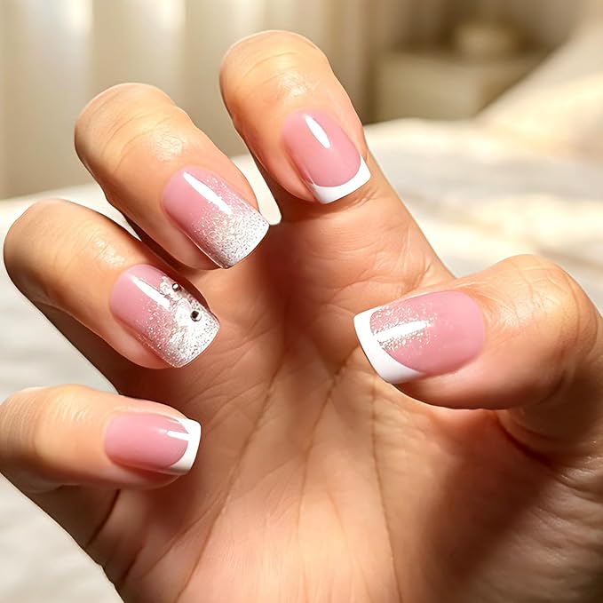 Press on Nails, 6 Packs (144 Pcs) Medium Almond Sets, Wedding French | 6-Style 12 Sizes, Glossy, Salon Quality, Reusable Full Cover, Pink Green Flower & Extra Short French Fake Nails