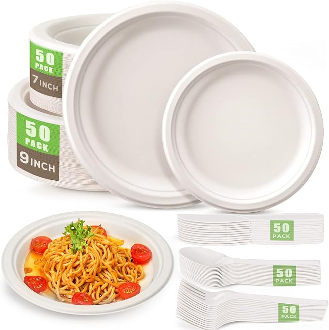 250Pcs Disposable Paper Plates Compostable Plates and Utensils | Eco Friendly Dinnerware Kit Includes 50 Biodegradable Plates, Forks, Knives and Spoons for Brithday Party Camping Picnic