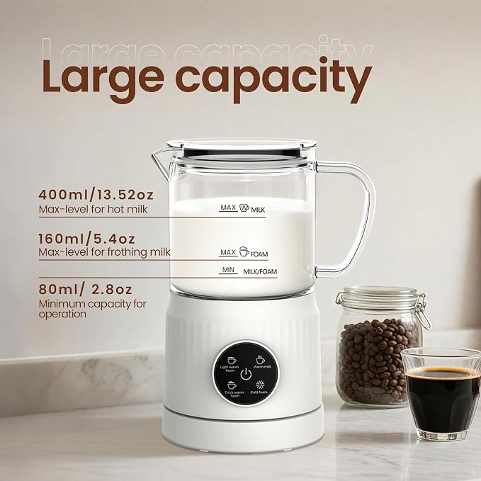 4-in-1 Electric Milk Frother and Steamer for Whole Milk, LED Touch Screen | Cold and Warm Foam Maker, Ceramic-Coated, 13.52oz for Lattes, Cappuccinos and Hot Chocolate, Auto Shut-Off, Cream White