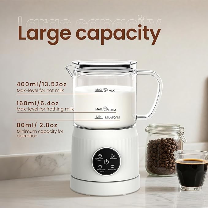 Casimhu 4-in-1 Milk Frother, Electric Milk Frother and Steamer with LED Touch Screen, Ceramic Lining Bottom, Milk Warmer 13.52oz for Lattes, Cappuccinos, and Macchiatos at Home (Cream White)