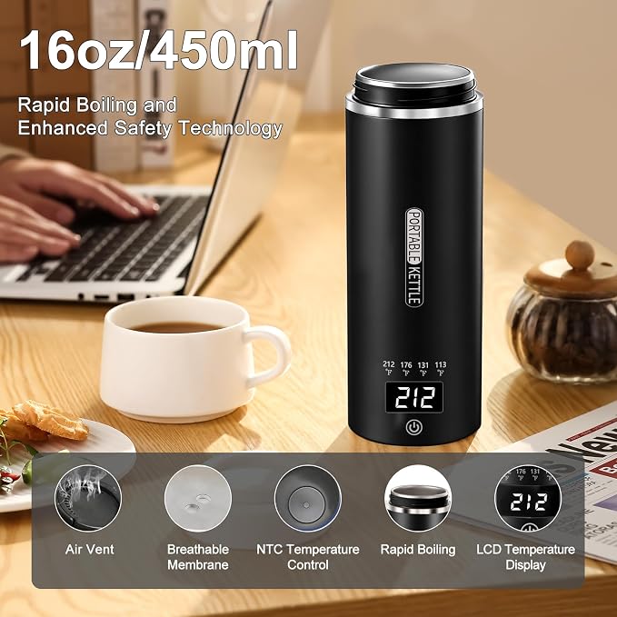 Travel Kettle, Portable Electric Kettle for 4 Temperature Controls, Black | 304 Stainless Steel Liner, Auto Shut-off, 300W (120V) Fast Boiling, Water Bottle for Business Trips, Dorm & Office, 450ml